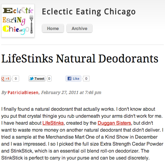 Screenshot from Eclectic Eating Chicago review of LifeStinks deodorant by Patricia Biesen