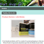 Screenshot from That Shop Girl blog featuring LifeStinks blue lavender deodorant in bathroom.