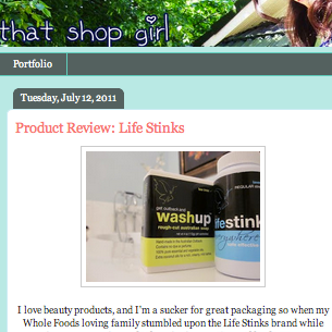 Screenshot from That Shop Girl blog featuring LifeStinks blue lavender deodorant in bathroom.