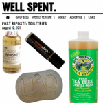 Screenshot form Well Spent blog showing a collection of the author's favorite toiletries, including LifeStinks deodorant.