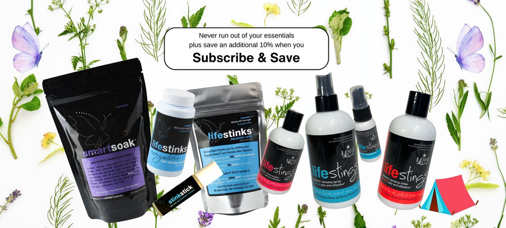 subscribe & save: smartsoaks, lifestinks deodorant and lifestings outdoor spray & lotion shown on a botanical backdrop