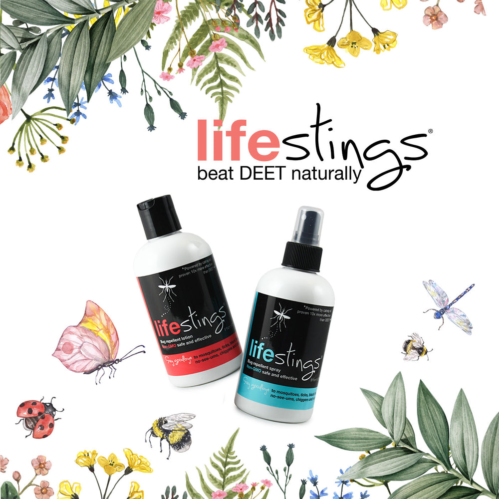 two bottles of lifestings bug repellent float over botanical images of flowers, bees and butterflies 