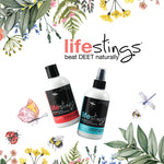 two bottles of lifestings bug repellent float over botanical images of flowers, bees and butterflies 