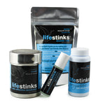 Four part lifestinks deodorant line in lavender regular strength. Blue and black labels on a stainless sifter decanter, a white plastic sifter travel container, a blown glass roll on, and a silver refill pouch.