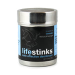 LifeStinks deodorant. Stainless steel sifter decanter. Blue and black label. Lavender Regular Strength contains 9 months of powder deodorant.  Net weight 4.5 oz (126g)